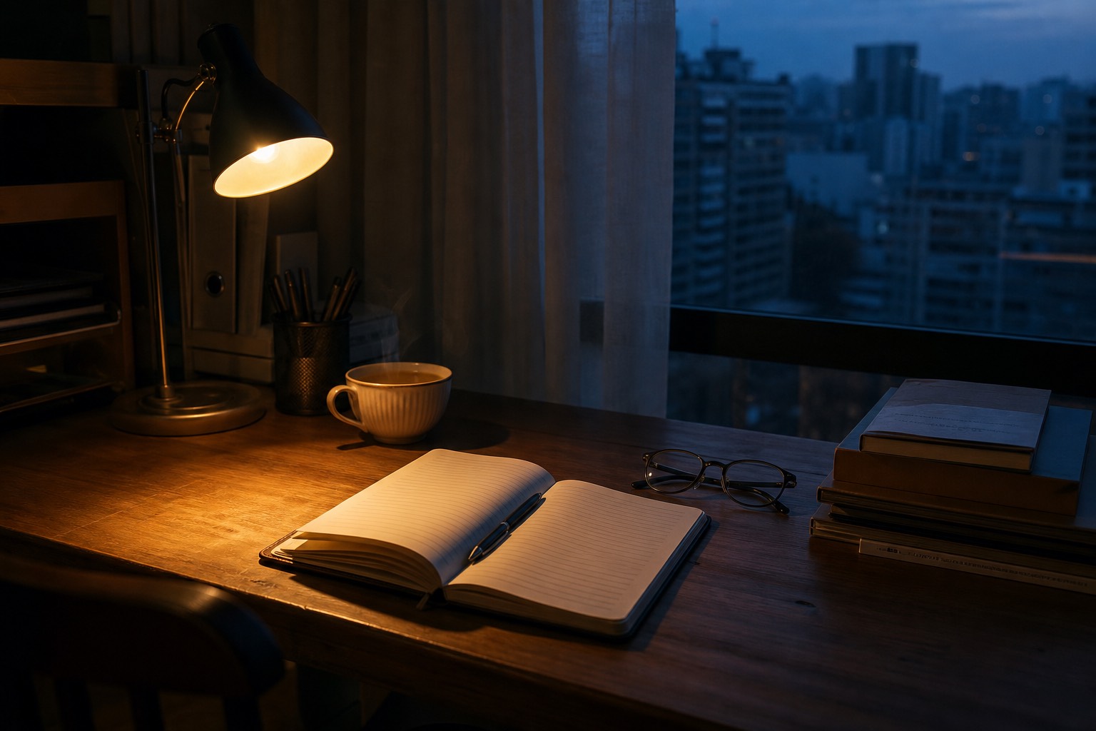 A desk under a lamp: an open notebook and a pen