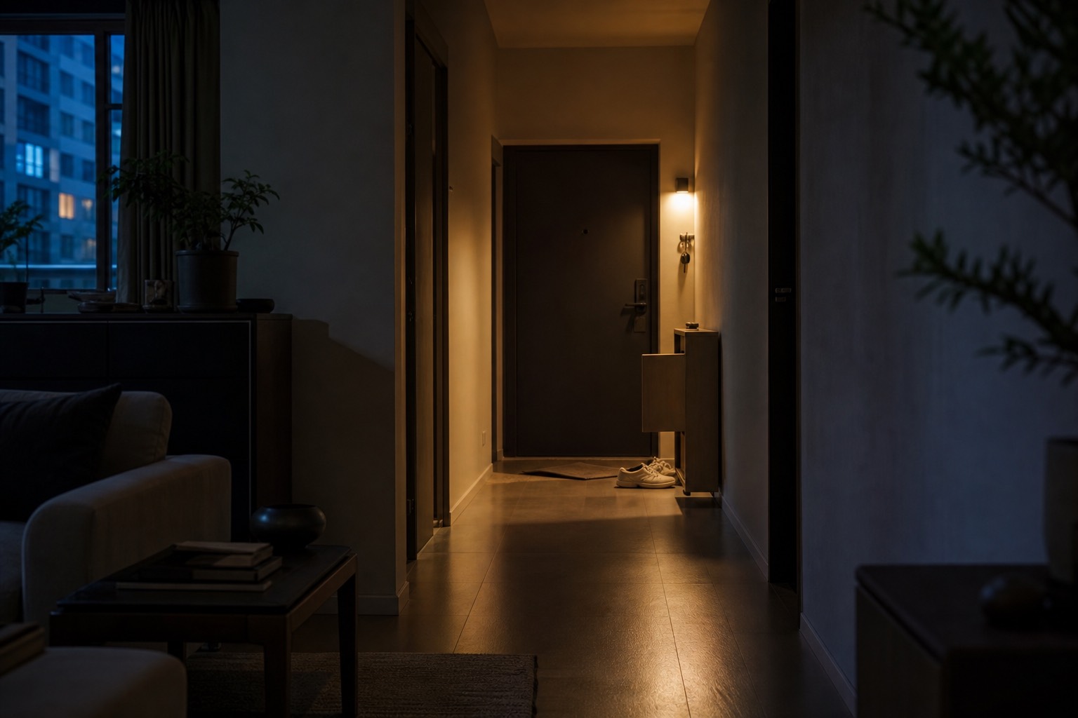 The entryway at night: a wall lamp lit, a pair of sneakers by the door
