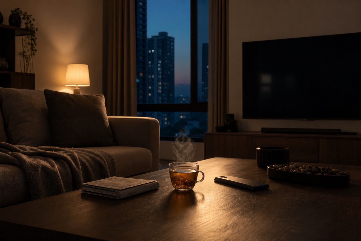 A quiet living room: a phone face-down on the coffee table and a cup of steaming tea