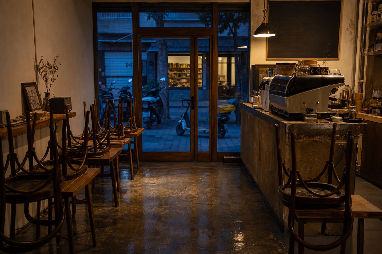 The café after close, one lamp over the bar