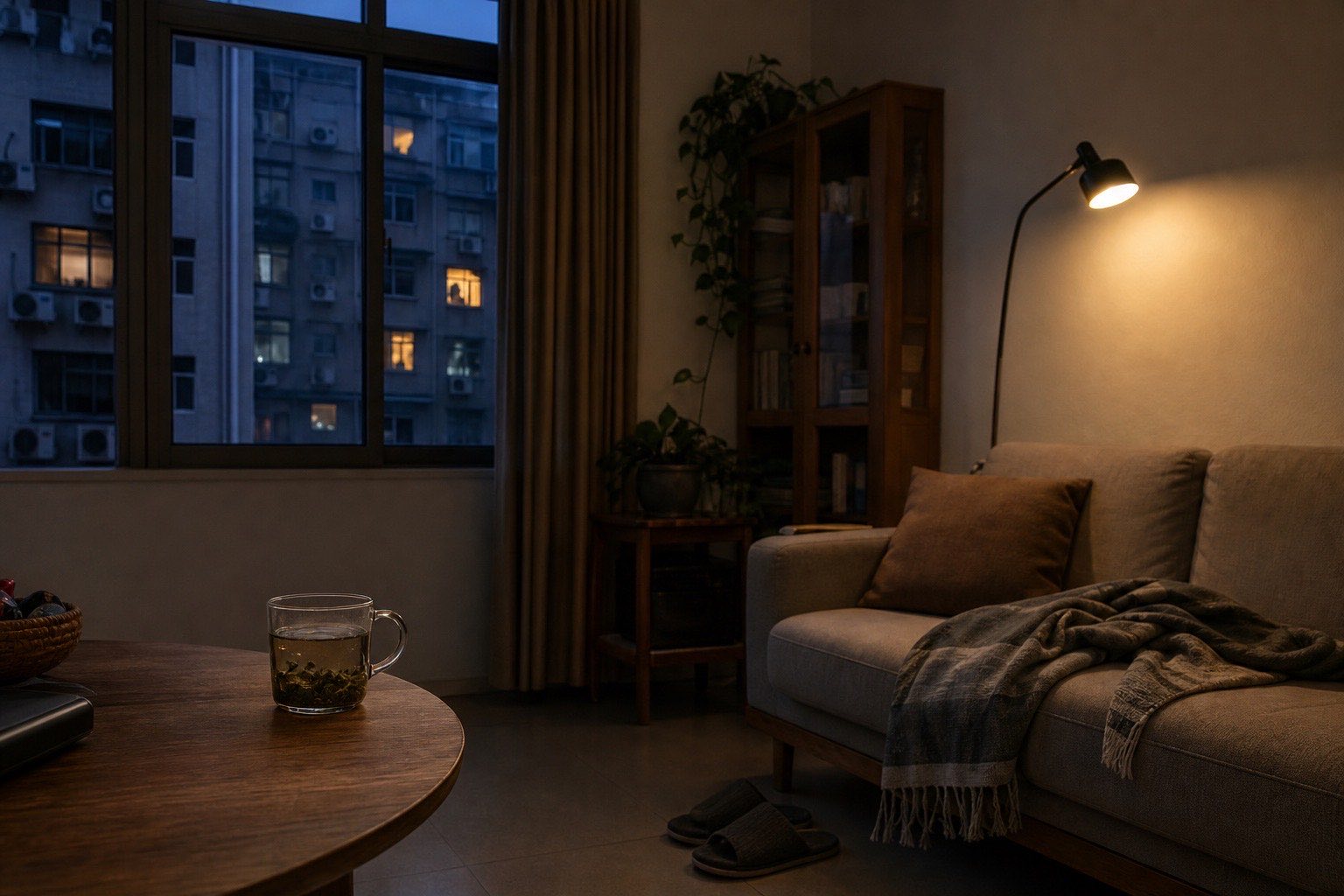 A living room at dusk, the tea still warm