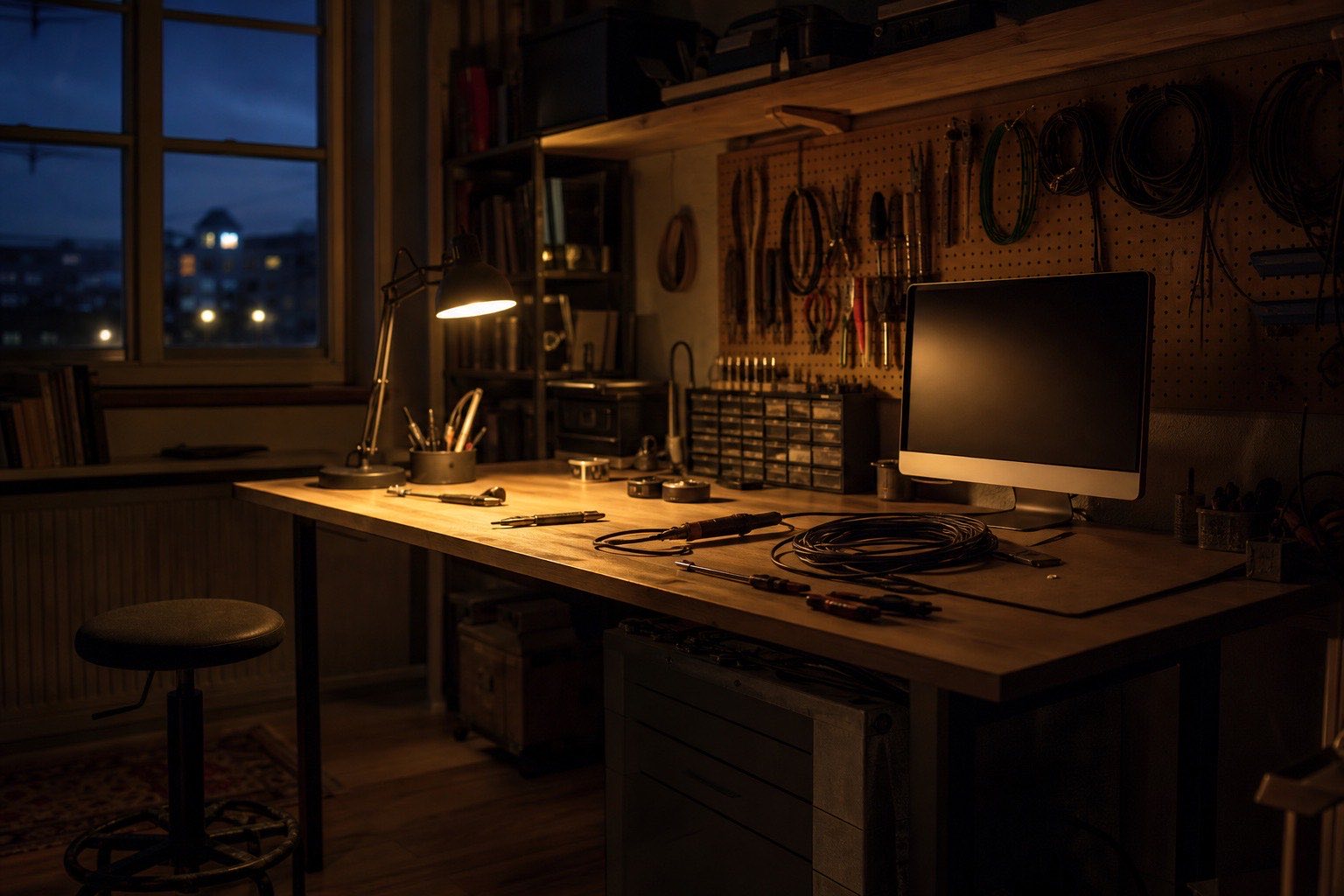 The studio late at night, a workbench under a desk lamp